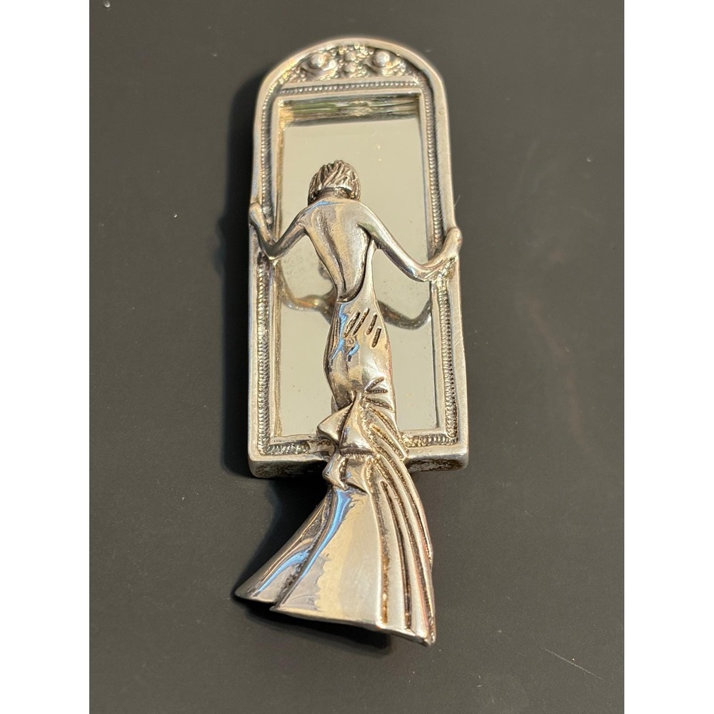 Vintage Art Deco Lady in Mirror Brooch Pin Sterling Silver Figural Wedding